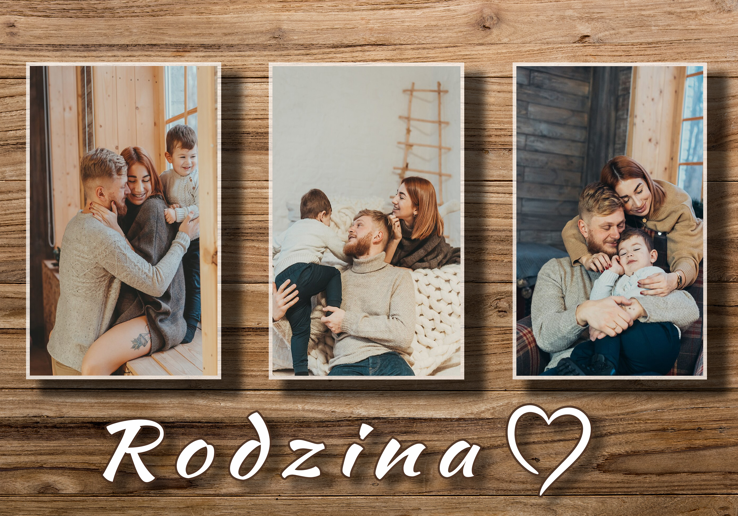 Wzór główki kalendarza z trzema pionowymi zdjęciami rodzinnymi i napisem Rodzina